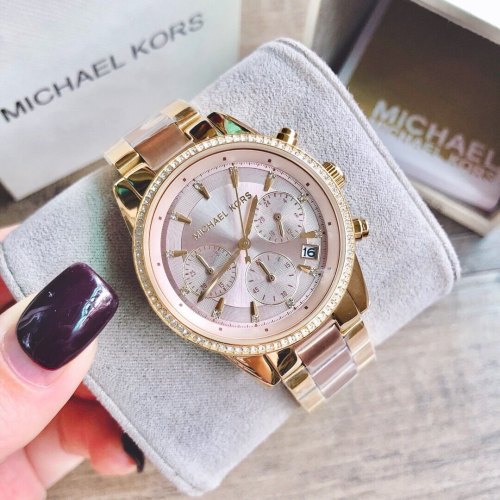 代購Michael kors手錶 MK手錶女生 新品MK6475金間玫瑰金色鋼鏈錶 三眼計時日曆石英錶 鑲鑽時尚潮流女錶