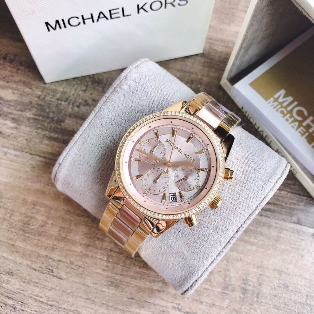 代購Michael kors手錶 MK手錶女生 新品MK6475金間玫瑰金色鋼鏈錶 三眼計時日曆石英錶 鑲鑽時尚潮流女錶-細節圖5