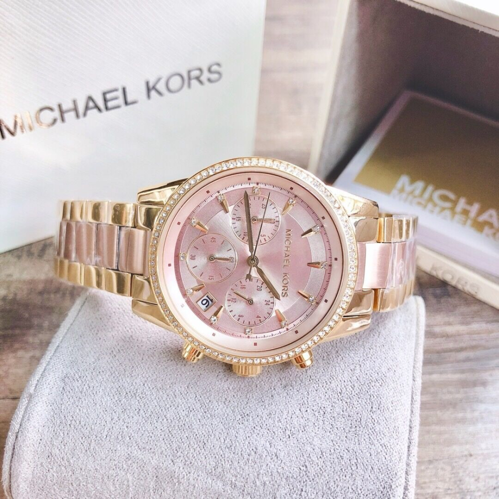 代購Michael kors手錶 MK手錶女生 新品MK6475金間玫瑰金色鋼鏈錶 三眼計時日曆石英錶 鑲鑽時尚潮流女錶-細節圖7