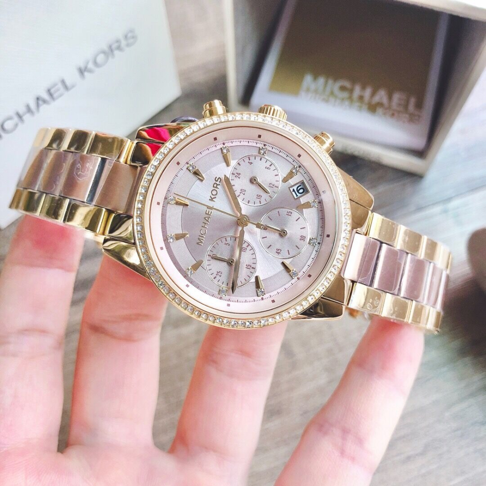 代購Michael kors手錶 MK手錶女生 新品MK6475金間玫瑰金色鋼鏈錶 三眼計時日曆石英錶 鑲鑽時尚潮流女錶-細節圖8
