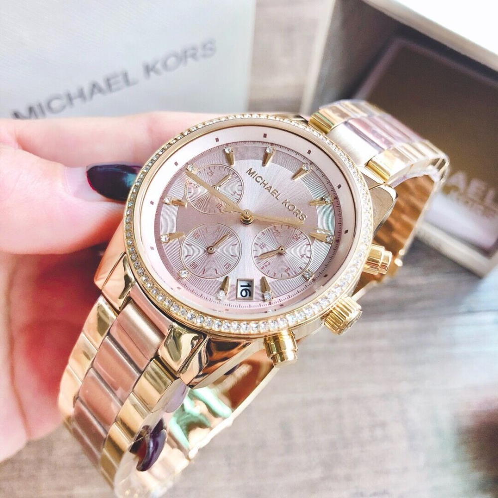 代購Michael kors手錶 MK手錶女生 新品MK6475金間玫瑰金色鋼鏈錶 三眼計時日曆石英錶 鑲鑽時尚潮流女錶-細節圖9