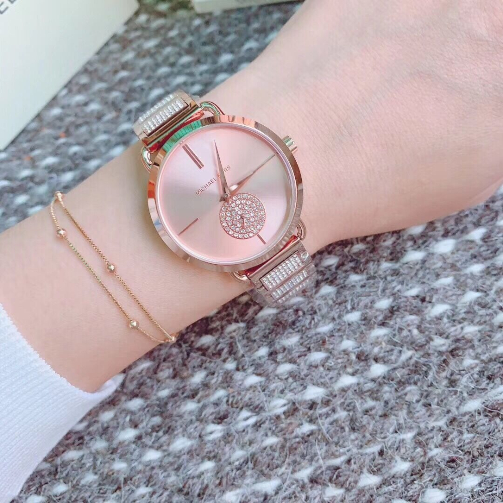 代購MICHAEL KORS手錶女生 MK手錶 玫瑰金色鋼鏈錶 鑲鑽時尚女錶 潮流休閒防水石英錶MK3852 MK385-細節圖3