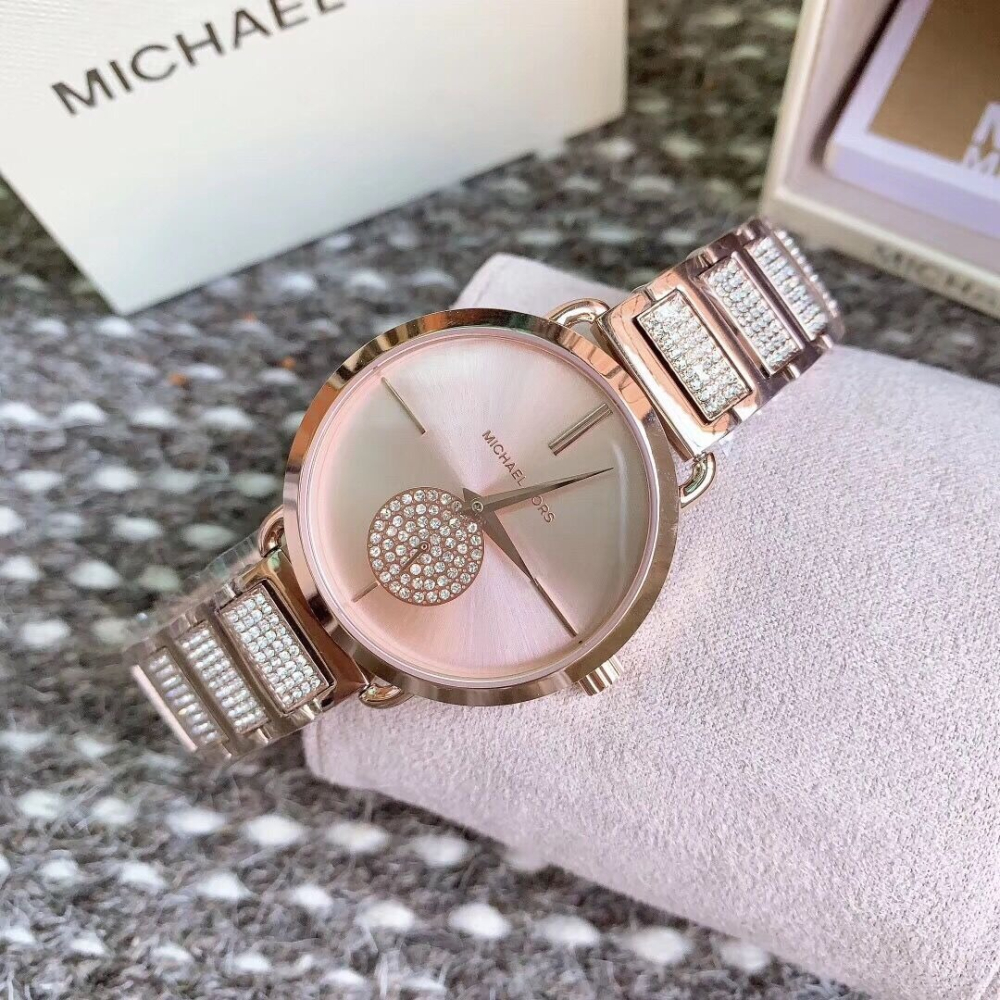代購MICHAEL KORS手錶女生 MK手錶 玫瑰金色鋼鏈錶 鑲鑽時尚女錶 潮流休閒防水石英錶MK3852 MK385-細節圖6