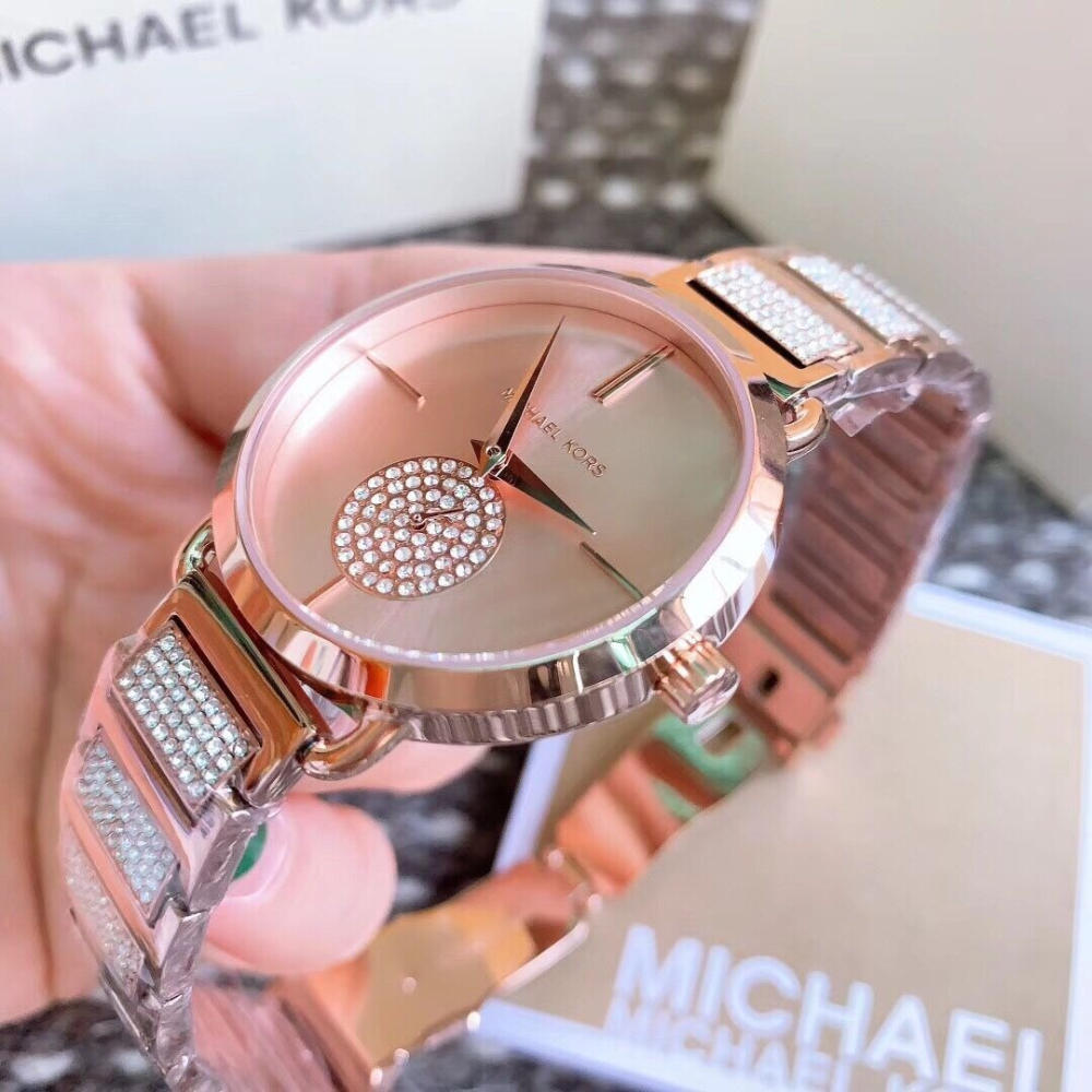 代購MICHAEL KORS手錶女生 MK手錶 玫瑰金色鋼鏈錶 鑲鑽時尚女錶 潮流休閒防水石英錶MK3852 MK385-細節圖8