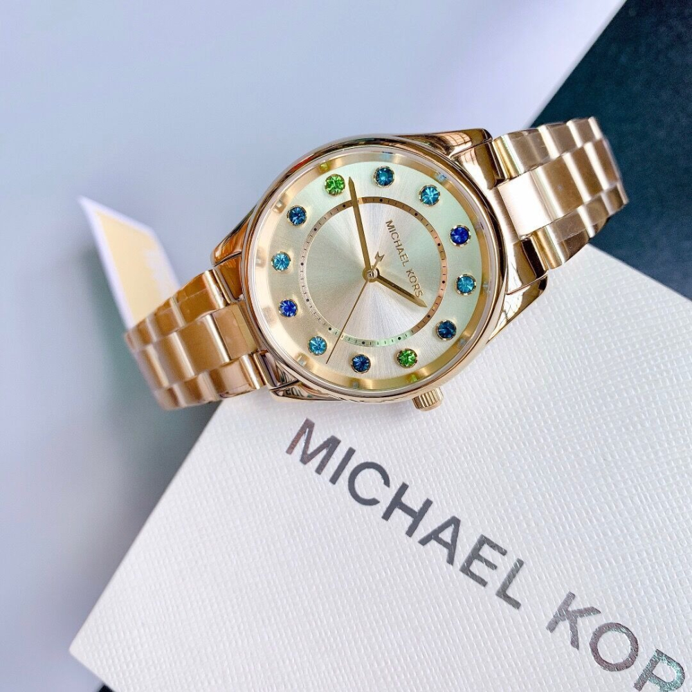 MICHAEL KORS手錶 彩色寶藍面玫瑰金色鋼鏈錶 MK手錶女 時尚潮流百搭女錶 小金錶MK6605 MK6602-細節圖4