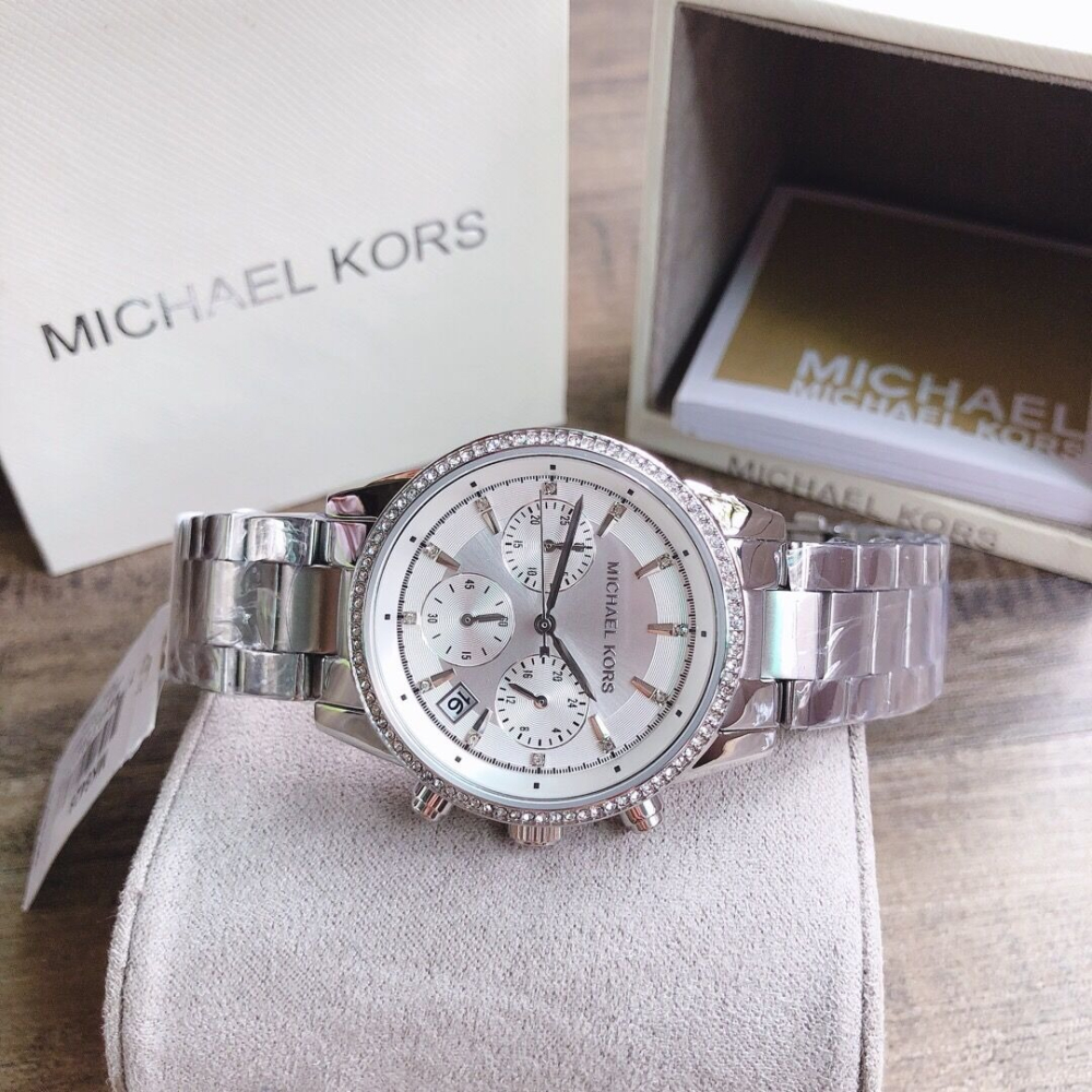 代購MICHAEL KORS手錶 MK手錶 大直徑銀色鋼鏈錶 三眼計時日曆石英錶 鑲鑽時尚百搭女生腕錶MK6428-細節圖4