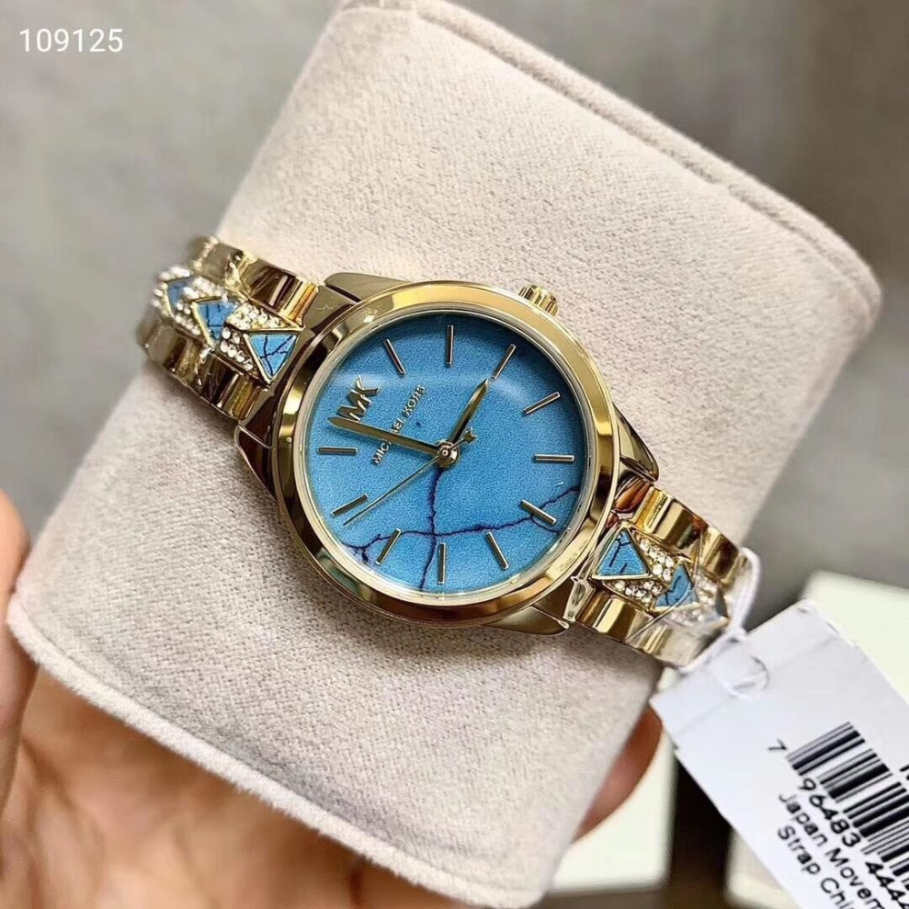 代購MICHAEL KORS手錶 MK手錶 MK6673 MK6672 金色地球藍限流版菱格鋼鏈錶 小直徑時尚女錶 潮流-細節圖7