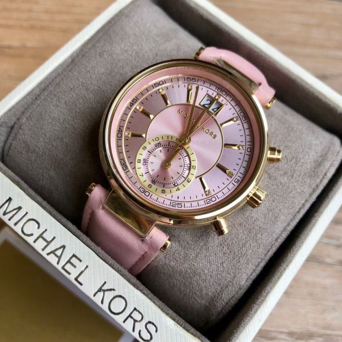 MICHAEL KORS手錶 新品時尚潮流粉色女錶 MK手錶 限量雙日曆機芯皮帶錶 休閒通勤女生腕錶MK2529