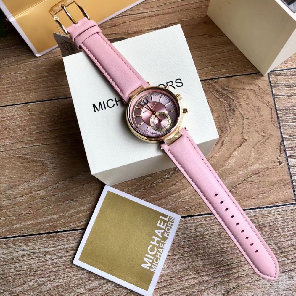 MICHAEL KORS手錶 新品時尚潮流粉色女錶 MK手錶 限量雙日曆機芯皮帶錶 休閒通勤女生腕錶MK2529-細節圖3