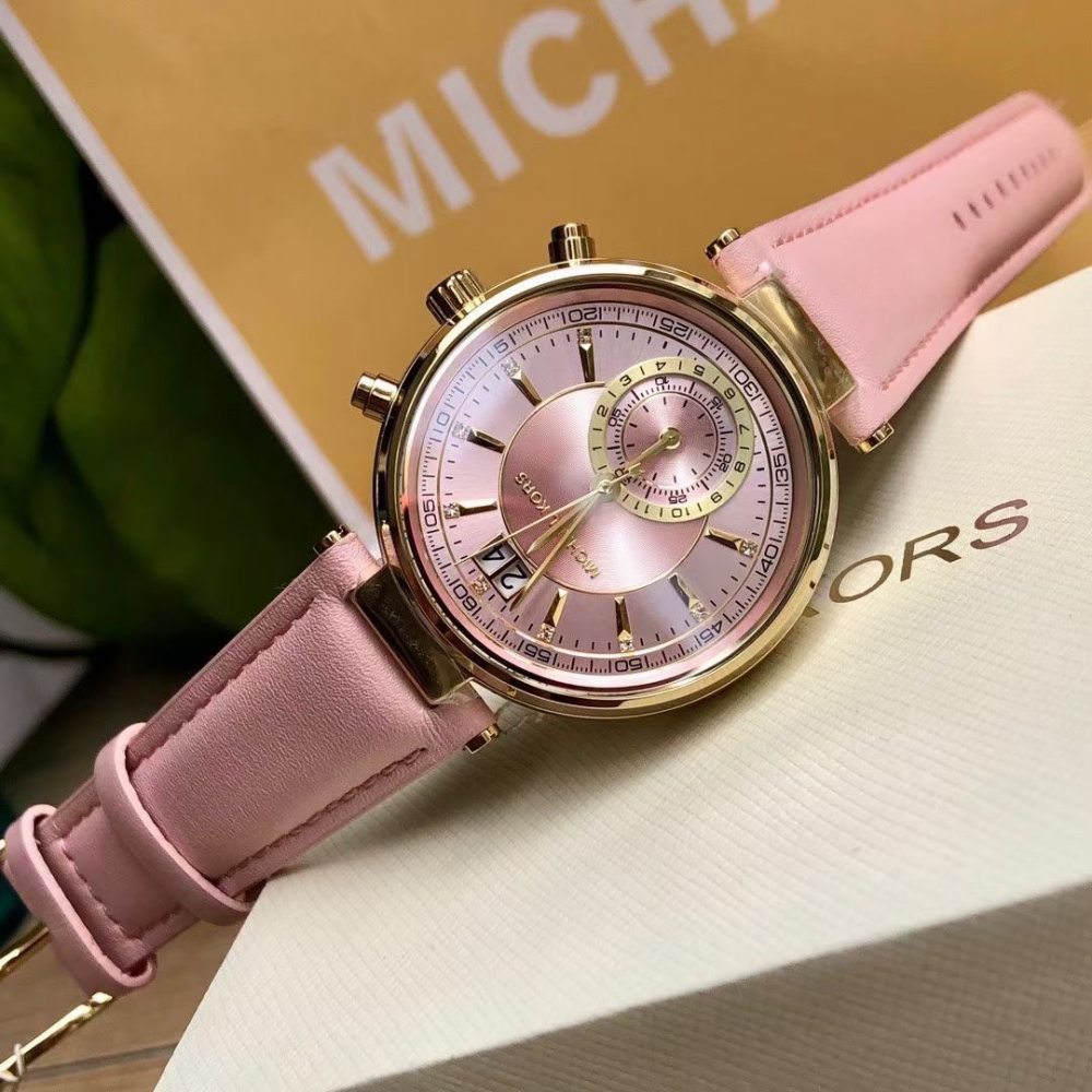 MICHAEL KORS手錶 新品時尚潮流粉色女錶 MK手錶 限量雙日曆機芯皮帶錶 休閒通勤女生腕錶MK2529-細節圖4