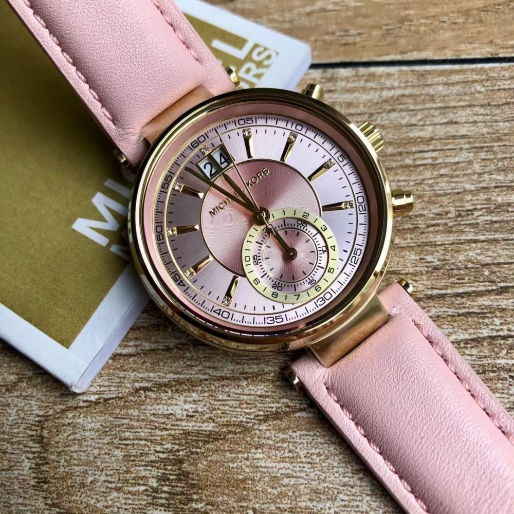MICHAEL KORS手錶 新品時尚潮流粉色女錶 MK手錶 限量雙日曆機芯皮帶錶 休閒通勤女生腕錶MK2529-細節圖7