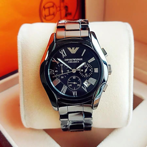 Armani阿曼尼手錶 男生手錶 大直徑男包 石英錶 AR1400 黑色陶瓷手錶男 三眼計時日曆男錶 時尚潮流男士腕錶