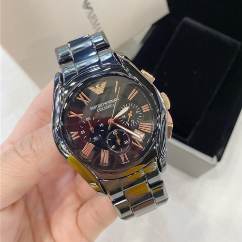 Armani手錶 阿瑪尼手錶 三眼計時手錶男 日曆黑色陶瓷手錶 大直徑腕錶 時尚潮流男錶 商務休閒石英錶AR1410
