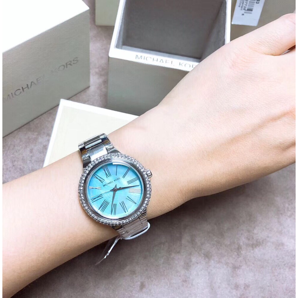 Michael Kors手錶 女生手錶 銀色藍面鋼鏈錶 鑲鑽時尚女錶 休閒通勤女生腕錶 MK手錶女 MK6563-細節圖2
