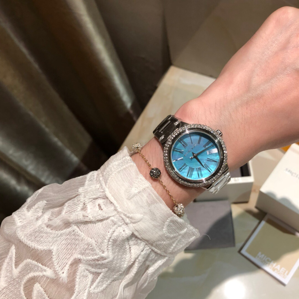 Michael Kors手錶 女生手錶 銀色藍面鋼鏈錶 鑲鑽時尚女錶 休閒通勤女生腕錶 MK手錶女 MK6563-細節圖3