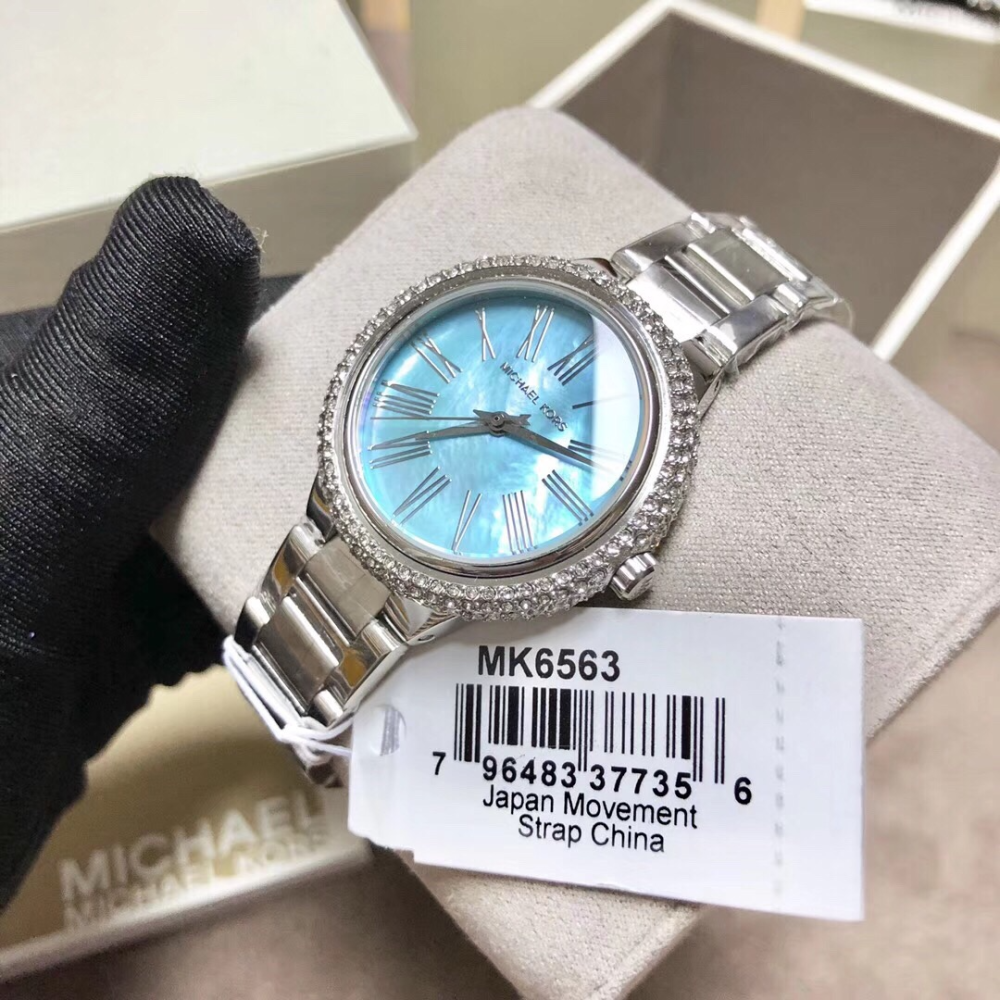 Michael Kors手錶 女生手錶 銀色藍面鋼鏈錶 鑲鑽時尚女錶 休閒通勤女生腕錶 MK手錶女 MK6563-細節圖6