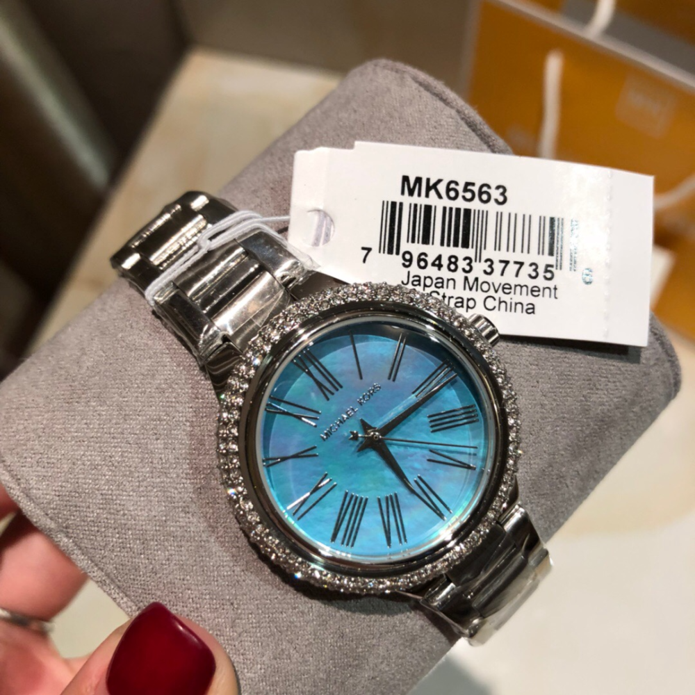 Michael Kors手錶 女生手錶 銀色藍面鋼鏈錶 鑲鑽時尚女錶 休閒通勤女生腕錶 MK手錶女 MK6563-細節圖7