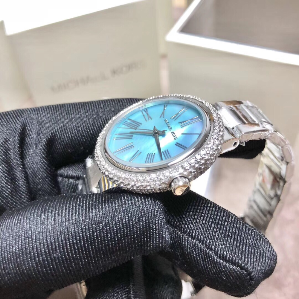 Michael Kors手錶 女生手錶 銀色藍面鋼鏈錶 鑲鑽時尚女錶 休閒通勤女生腕錶 MK手錶女 MK6563-細節圖8