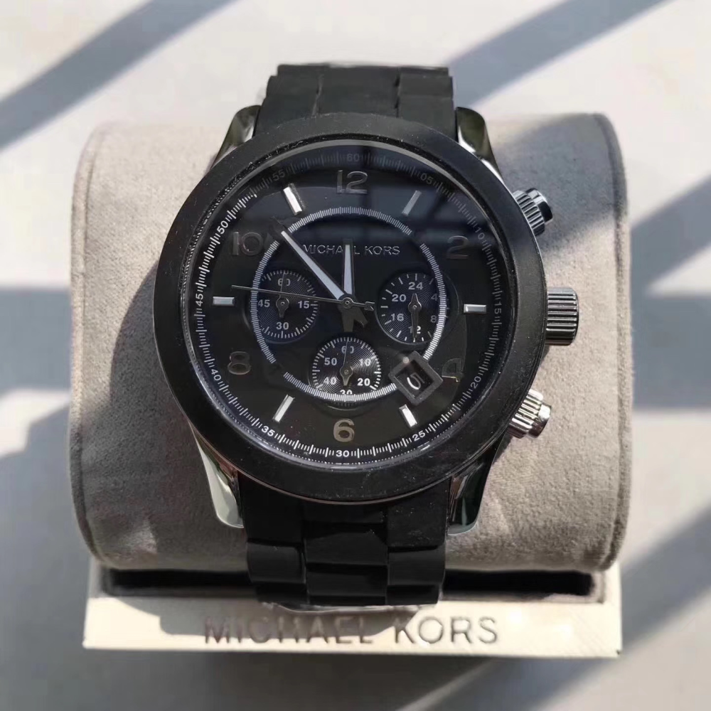 MICHAEL KORS手錶 膠包鋼男士石英錶 大直徑黑色腕錶 商務休閒男錶 三眼計時日曆防水手錶男MK8107-細節圖3