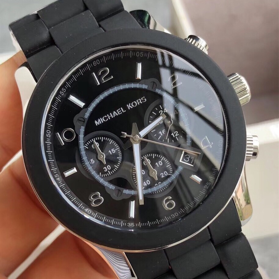 MICHAEL KORS手錶 膠包鋼男士石英錶 大直徑黑色腕錶 商務休閒男錶 三眼計時日曆防水手錶男MK8107-細節圖5