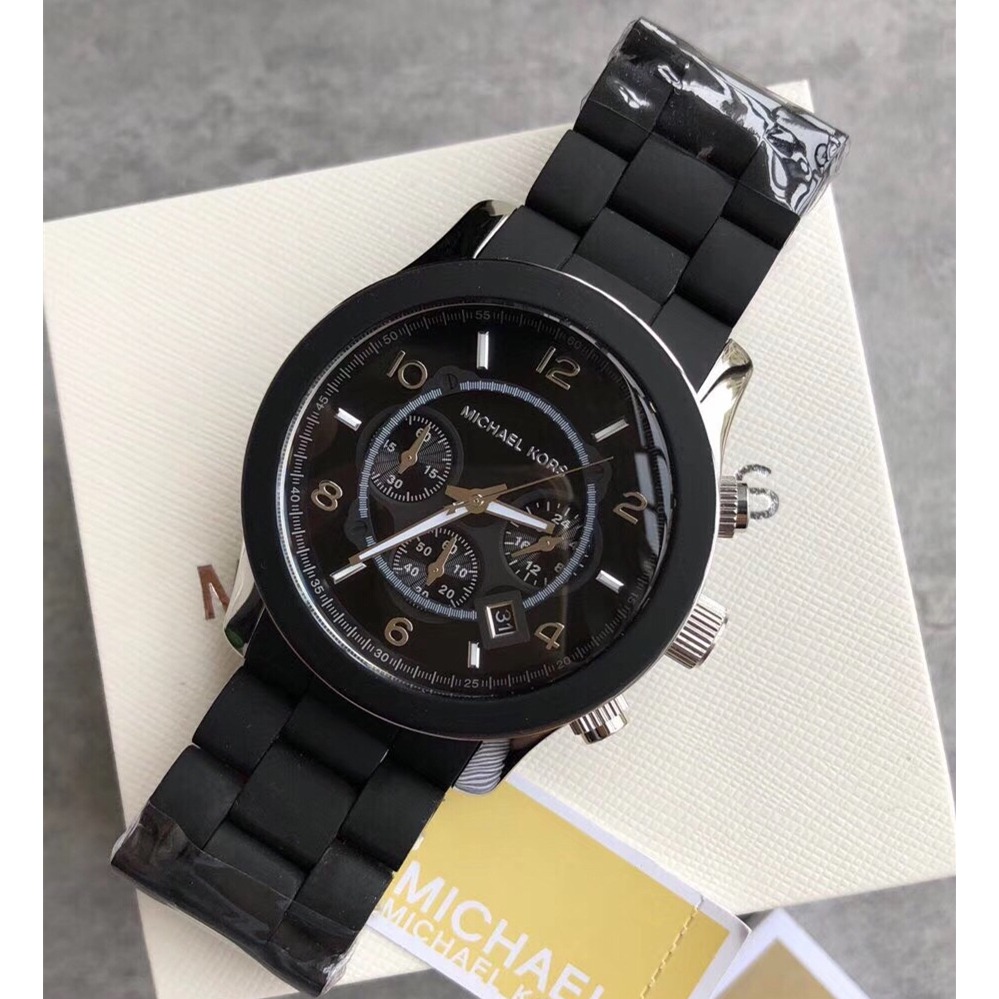MICHAEL KORS手錶 膠包鋼男士石英錶 大直徑黑色腕錶 商務休閒男錶 三眼計時日曆防水手錶男MK8107-細節圖6