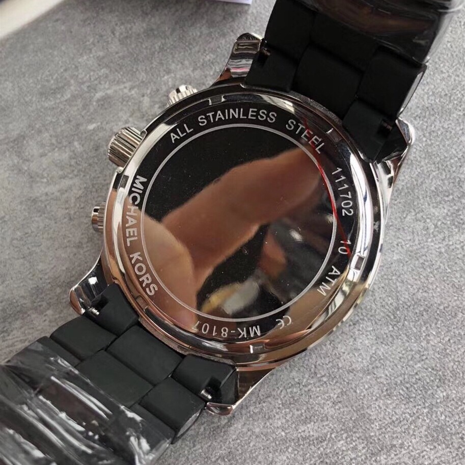 MICHAEL KORS手錶 膠包鋼男士石英錶 大直徑黑色腕錶 商務休閒男錶 三眼計時日曆防水手錶男MK8107-細節圖7
