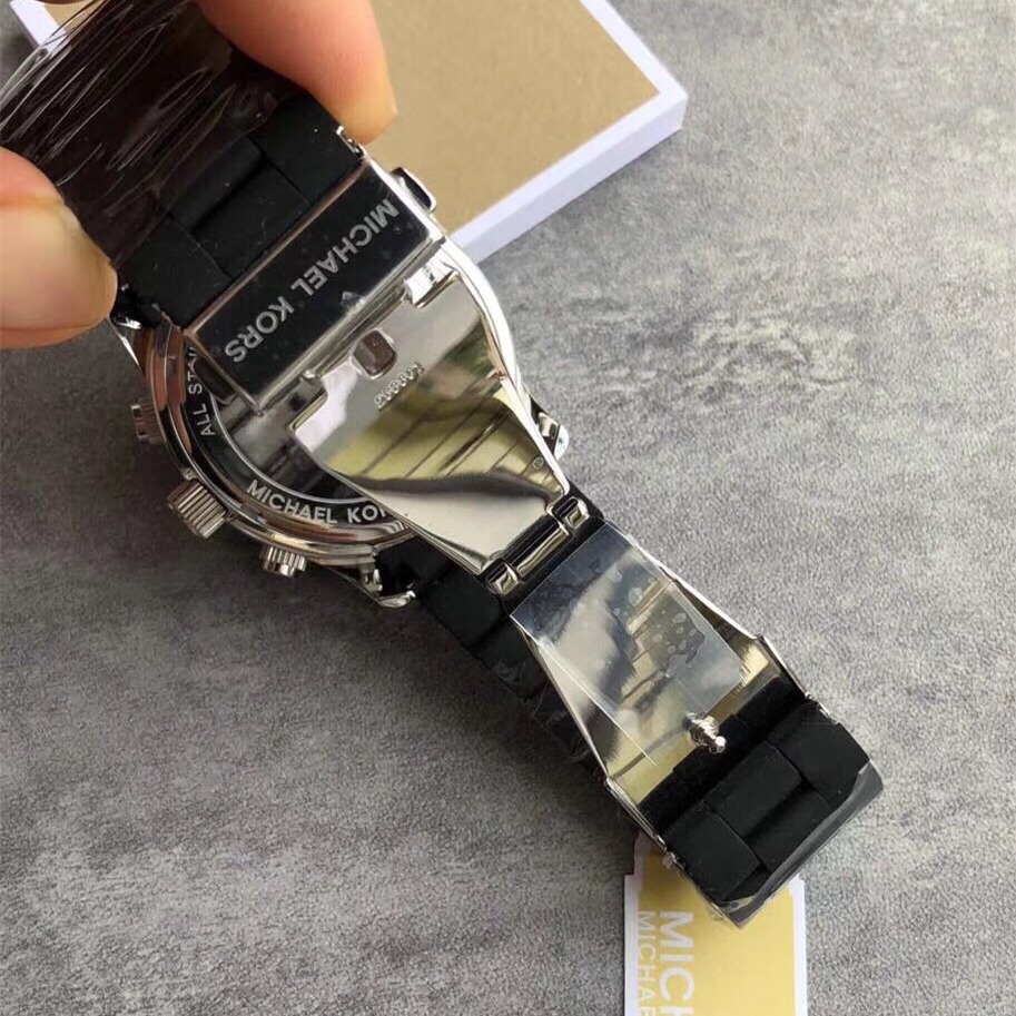 MICHAEL KORS手錶 膠包鋼男士石英錶 大直徑黑色腕錶 商務休閒男錶 三眼計時日曆防水手錶男MK8107-細節圖8