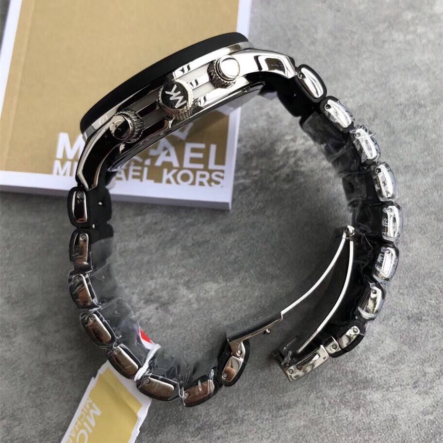 MICHAEL KORS手錶 膠包鋼男士石英錶 大直徑黑色腕錶 商務休閒男錶 三眼計時日曆防水手錶男MK8107-細節圖9