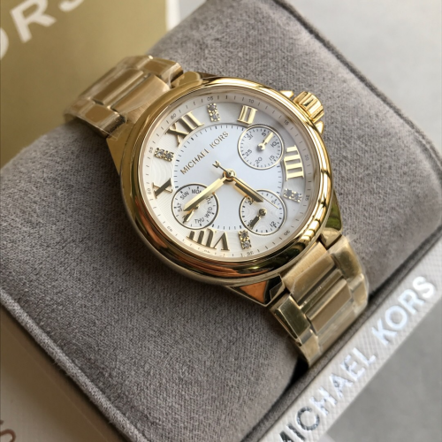 代購Michael Kors手錶 六針三眼計時鑲鑽石英錶 100m防水鋼鏈錶 女生小金錶 歐美時尚潮流腕錶MK5759