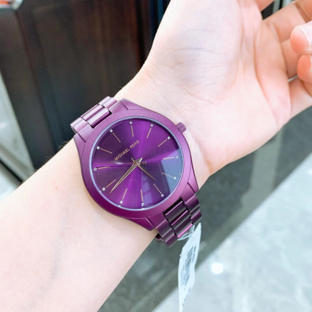 Michael Kors手錶 mk 手錶女生 MK4507紫色鋼鏈錶 簡約時尚女錶 大直徑鑲鑽休閒女生腕錶石英錶-細節圖2