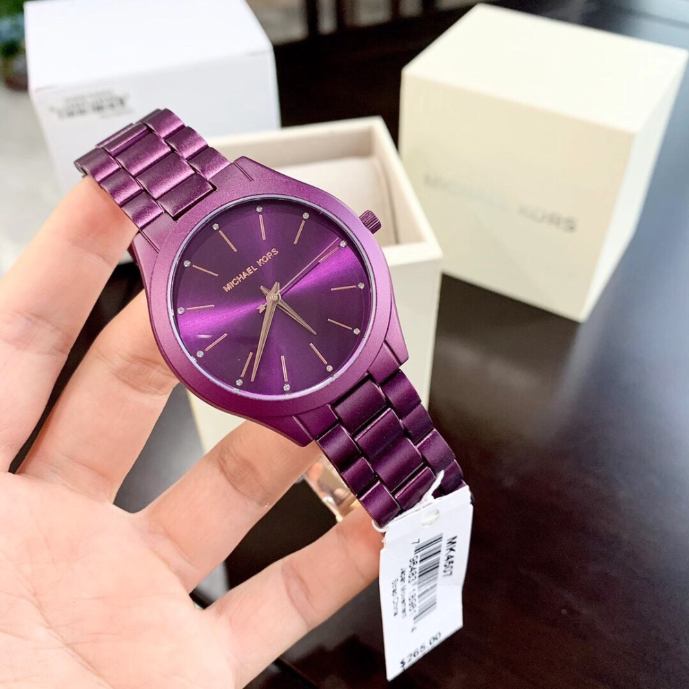 Michael Kors手錶 mk 手錶女生 MK4507紫色鋼鏈錶 簡約時尚女錶 大直徑鑲鑽休閒女生腕錶石英錶-細節圖3