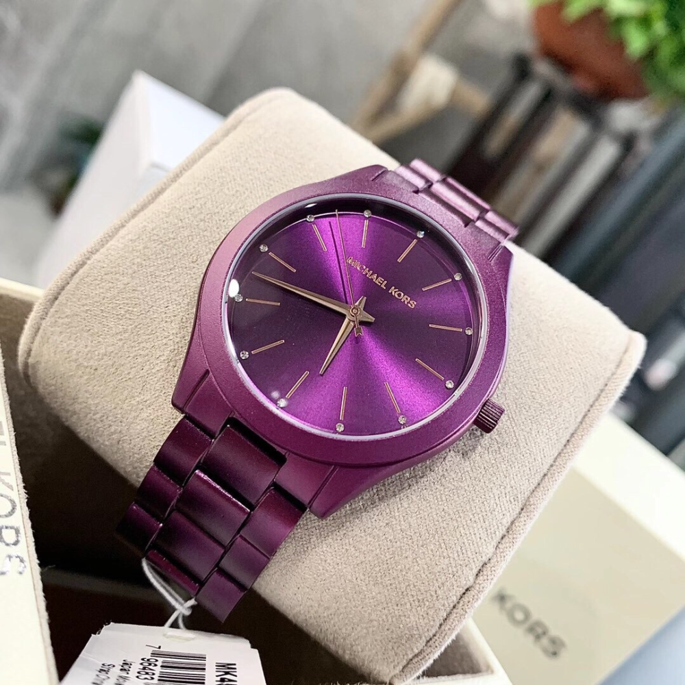 Michael Kors手錶 mk 手錶女生 MK4507紫色鋼鏈錶 簡約時尚女錶 大直徑鑲鑽休閒女生腕錶石英錶-細節圖4