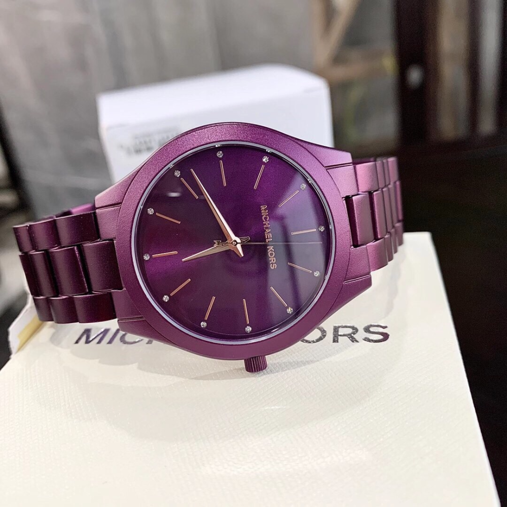 Michael Kors手錶 mk 手錶女生 MK4507紫色鋼鏈錶 簡約時尚女錶 大直徑鑲鑽休閒女生腕錶石英錶-細節圖5
