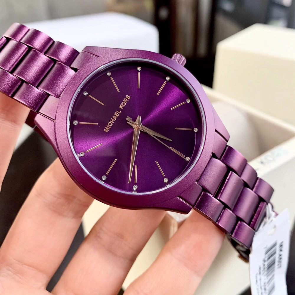 Michael Kors手錶 mk 手錶女生 MK4507紫色鋼鏈錶 簡約時尚女錶 大直徑鑲鑽休閒女生腕錶石英錶-細節圖6