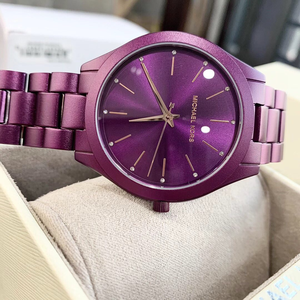 Michael Kors手錶 mk 手錶女生 MK4507紫色鋼鏈錶 簡約時尚女錶 大直徑鑲鑽休閒女生腕錶石英錶-細節圖7