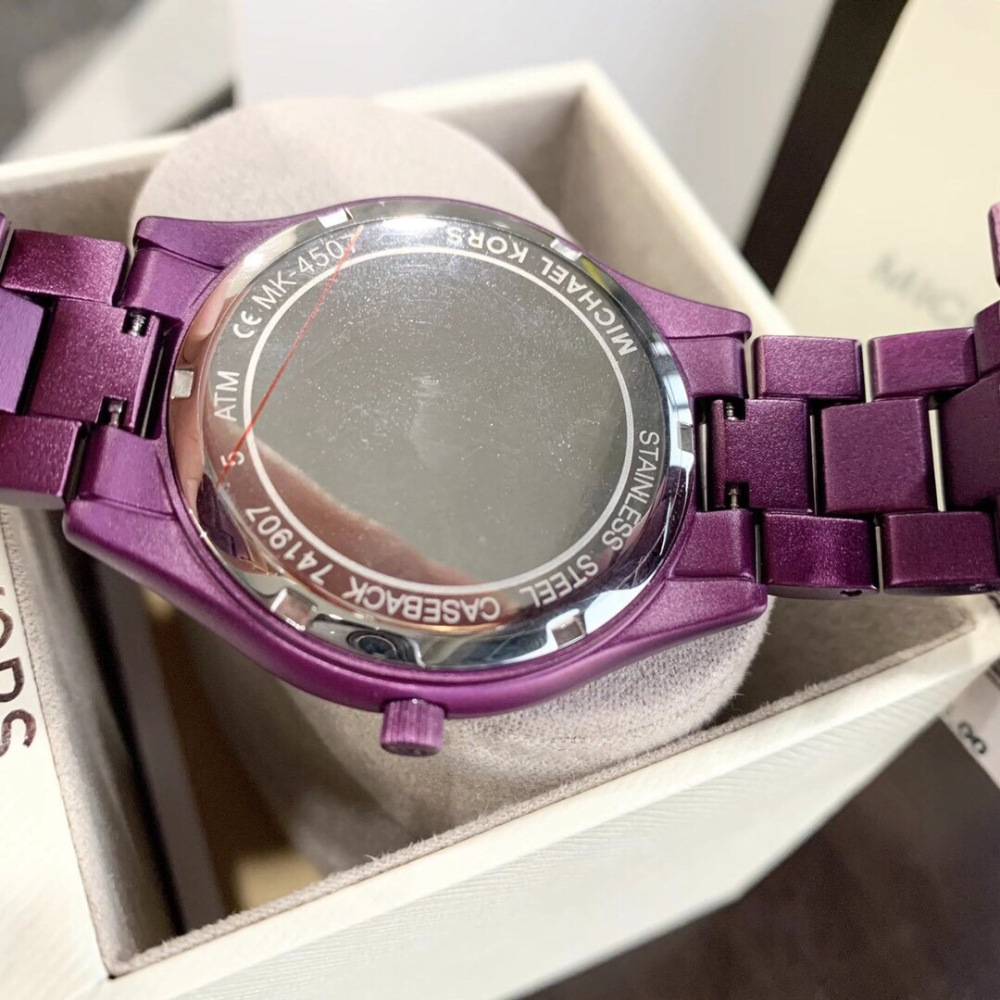 Michael Kors手錶 mk 手錶女生 MK4507紫色鋼鏈錶 簡約時尚女錶 大直徑鑲鑽休閒女生腕錶石英錶-細節圖9