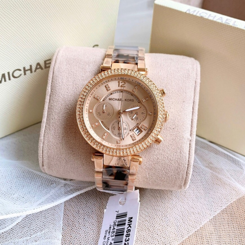 MICHAEL KORS手錶 MK手錶女生 MK6832玫瑰金琥珀色鋼鏈錶 三眼計時日曆石英錶 鑲鑽時尚潮流百搭女錶