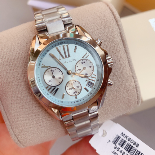 代購Michael Kors手錶 冰藍面銀色鋼鏈錶 三眼計時日曆女生腕錶 時尚百搭通勤女錶MK6098 休閒石英錶女