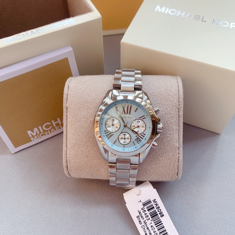 代購Michael Kors手錶 冰藍面銀色鋼鏈錶 三眼計時日曆女生腕錶 時尚百搭通勤女錶MK6098 休閒石英錶女-細節圖5