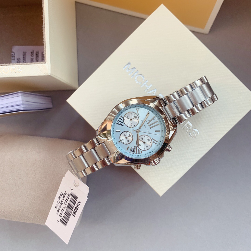 代購Michael Kors手錶 冰藍面銀色鋼鏈錶 三眼計時日曆女生腕錶 時尚百搭通勤女錶MK6098 休閒石英錶女-細節圖6