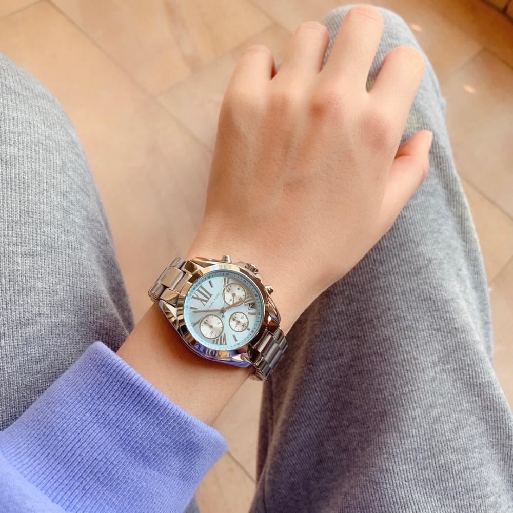 代購Michael Kors手錶 冰藍面銀色鋼鏈錶 三眼計時日曆女生腕錶 時尚百搭通勤女錶MK6098 休閒石英錶女-細節圖7