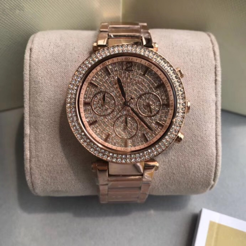 代購MICHAEL KORS手錶 MK手錶女生 鑲鑽玫瑰金色鋼鏈錶 三眼計時防水石英錶 休閒百搭時尚女錶MK5857