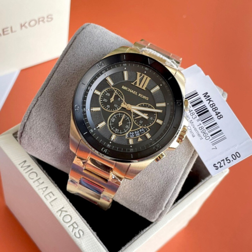 代購Michael Kors手錶 新品MK8848金色黑面鋼鏈錶 三眼六針大直徑石英錶 商務時尚防水休閒男錶
