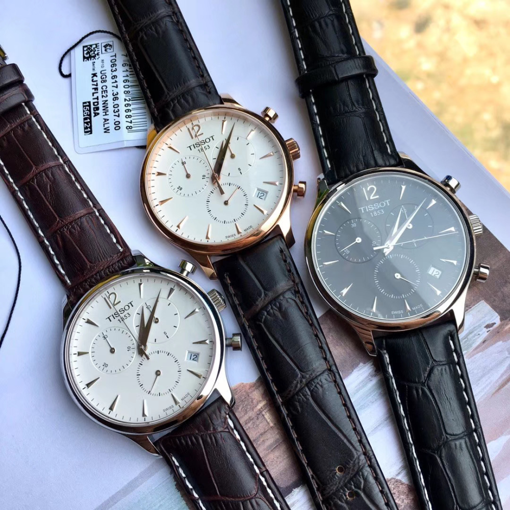 代購Tissot天梭手錶 俊雅系列皮帶男錶 玫瑰金簡約休閒三眼計時日曆防水男士腕錶T063.617.36.037.00-細節圖2