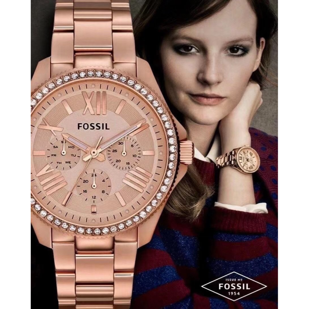 FOSSIL手錶女生 富思女生石英錶 三眼計時鑲鑽時尚女錶 商務休閒通勤百搭女款腕錶 大直徑玫瑰金色鋼鏈錶女-細節圖2