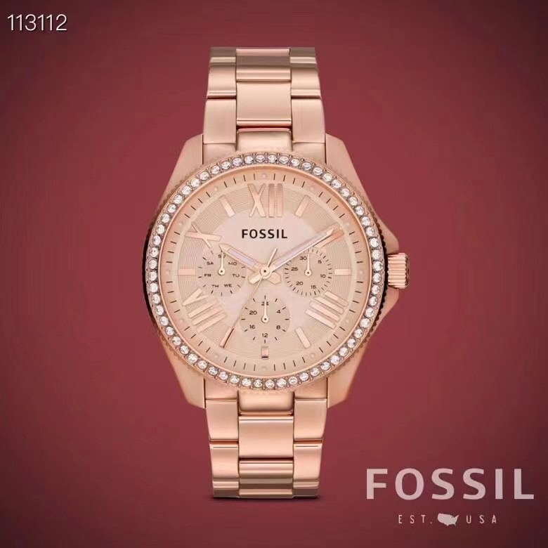 FOSSIL手錶女生 富思女生石英錶 三眼計時鑲鑽時尚女錶 商務休閒通勤百搭女款腕錶 大直徑玫瑰金色鋼鏈錶女-細節圖3