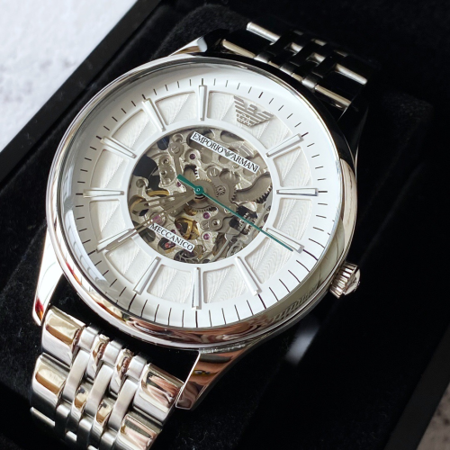 代購Armani手錶 阿曼尼手錶男生 AR1945鏤空全自動機械錶 銀色鋼鏈錶男 時尚商務休閒男錶 大直徑手錶男