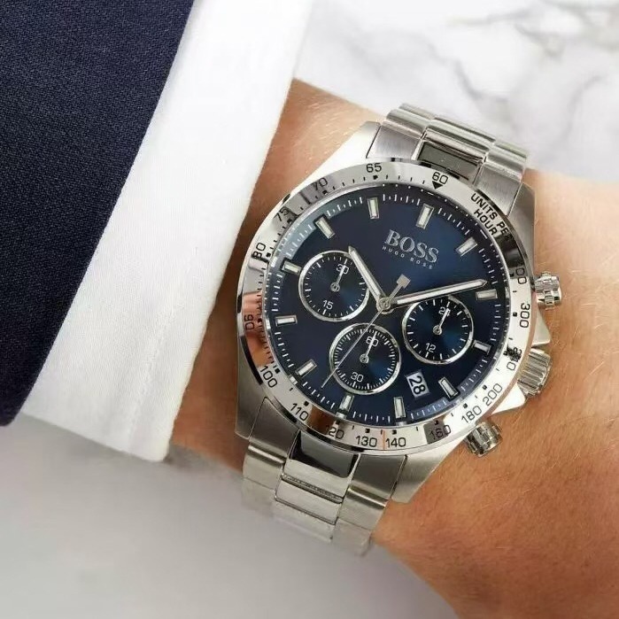 HUGO BOSS手錶 新品男生石英錶 三眼計時日曆防水男錶 大直徑銀色藍面鋼鏈錶 時尚潮流商務休閒男士腕錶151375-細節圖3