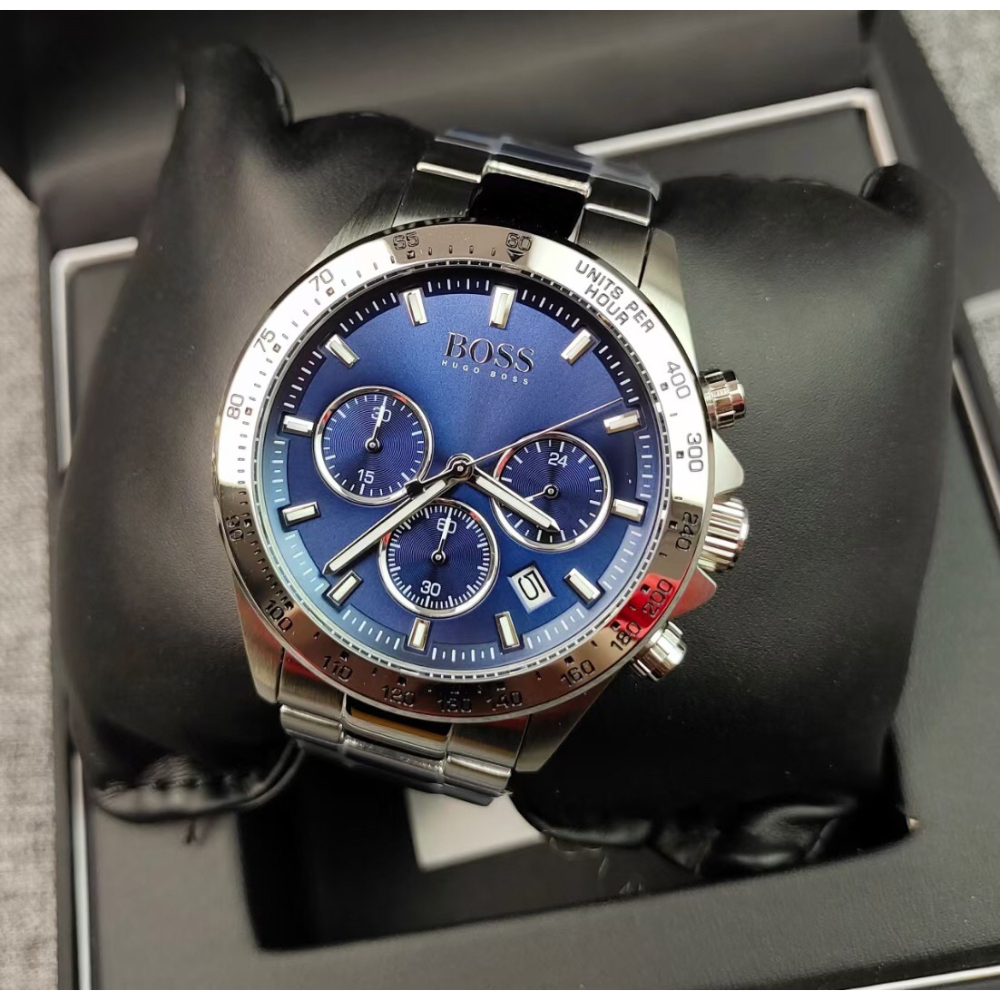 HUGO BOSS手錶 新品男生石英錶 三眼計時日曆防水男錶 大直徑銀色藍面鋼鏈錶 時尚潮流商務休閒男士腕錶151375-細節圖5