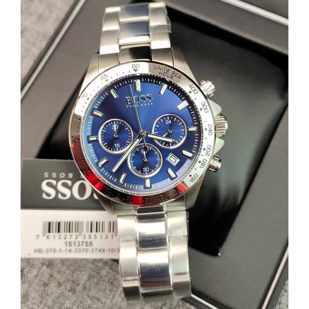 HUGO BOSS手錶 新品男生石英錶 三眼計時日曆防水男錶 大直徑銀色藍面鋼鏈錶 時尚潮流商務休閒男士腕錶151375-細節圖6